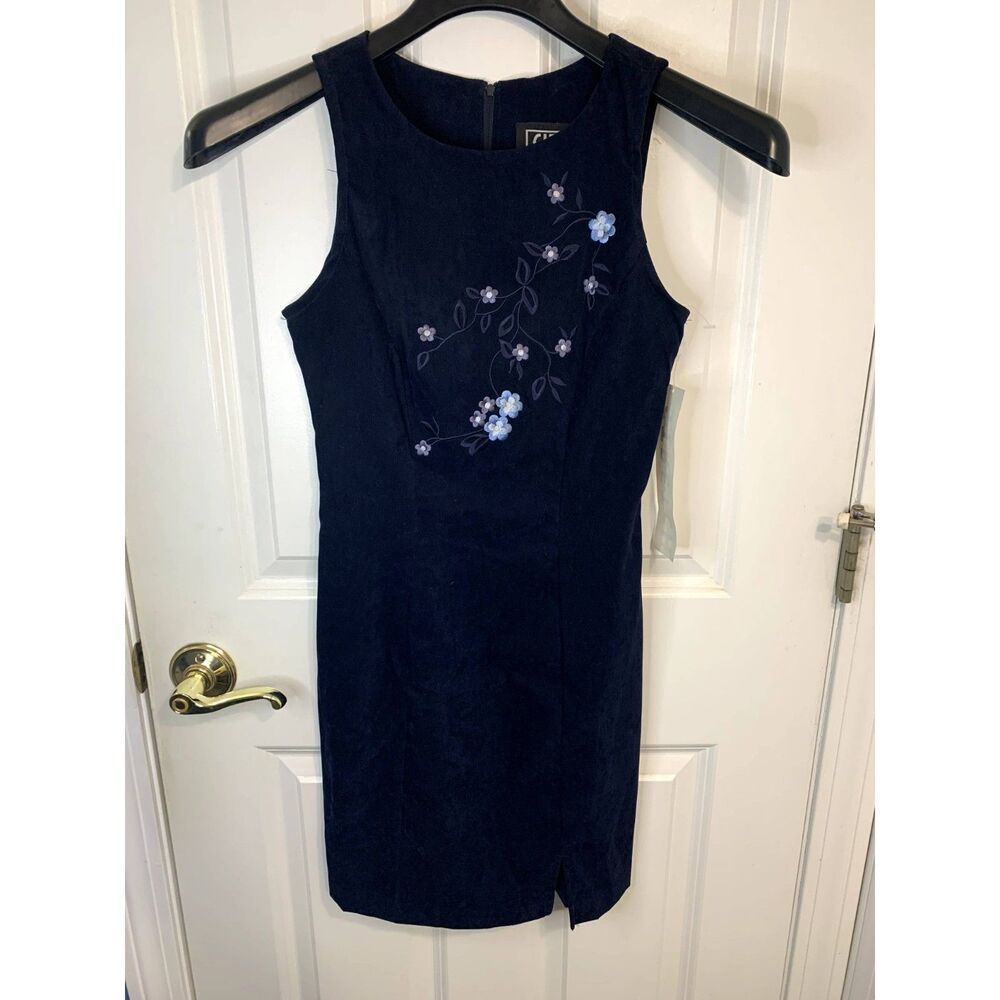 Vintage City Triangles Faux Suede Blue Floral Mini Dress Size 3 - NWT